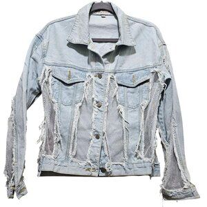 Distressed Light Wash Denim Jacket With Mesh Inserts Frayed Detailing & Button C